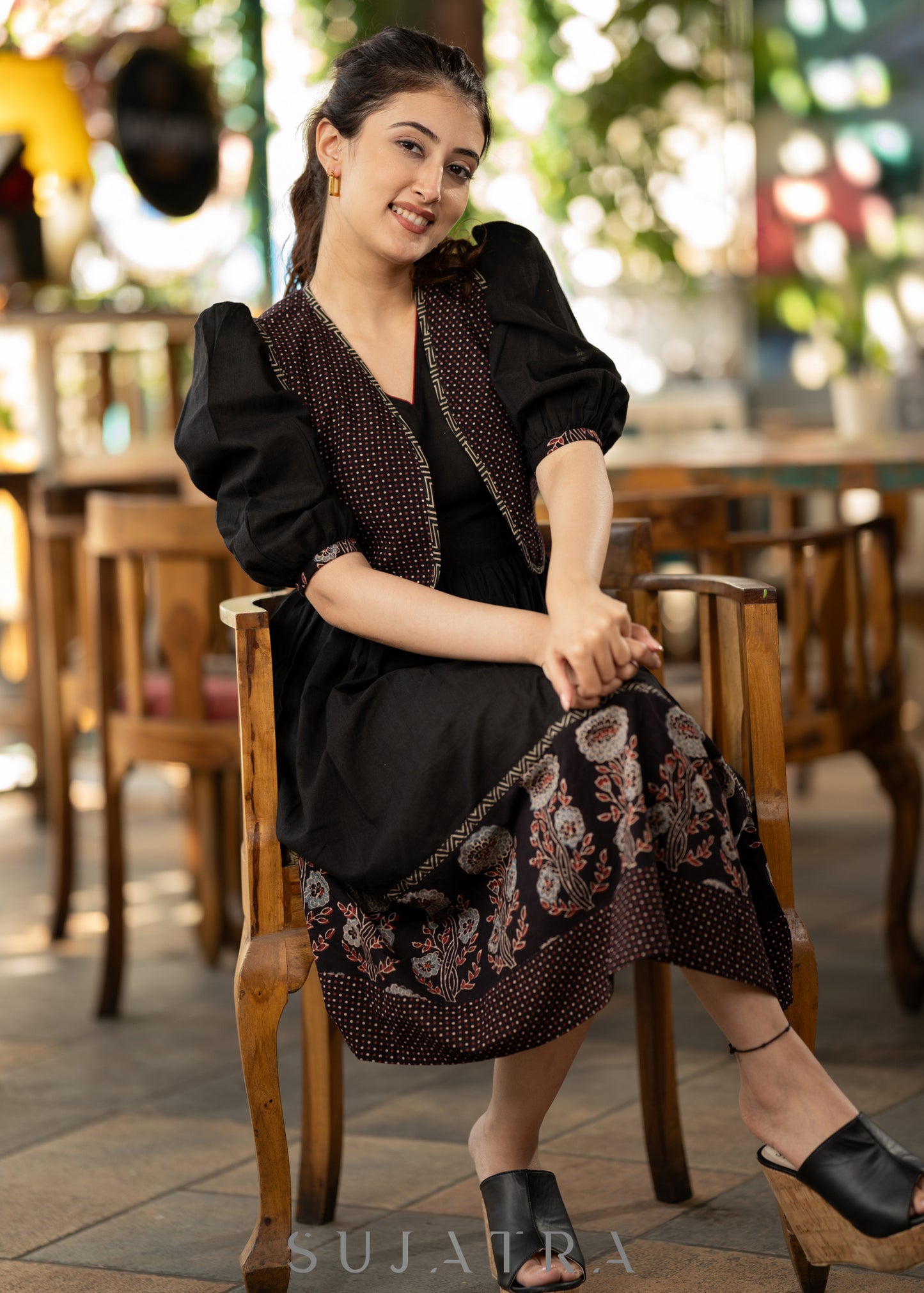 Stylish Ajrakh detail gathered dress dress - Short ajrakh shrug optional