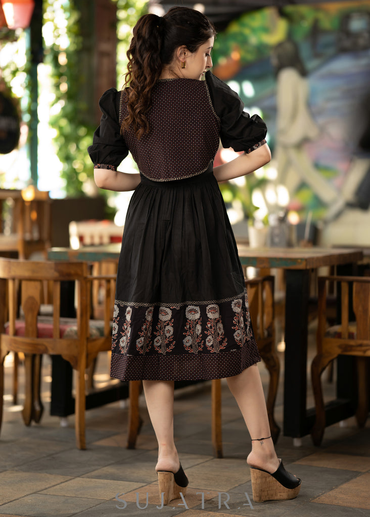Elegant black cotton ajrakh gathered dress with matching short ajrakh shrug