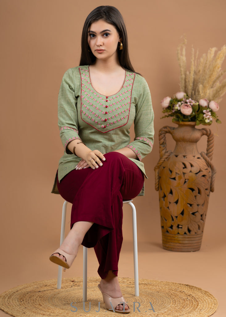 Dussehra Sale — Elegant Rustic Green Pure Cotton Embroidered Top
