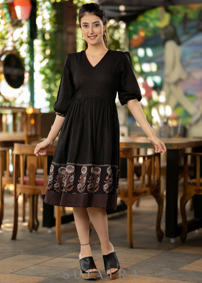 Stylish Ajrakh detail gathered dress dress - Short ajrakh shrug optional