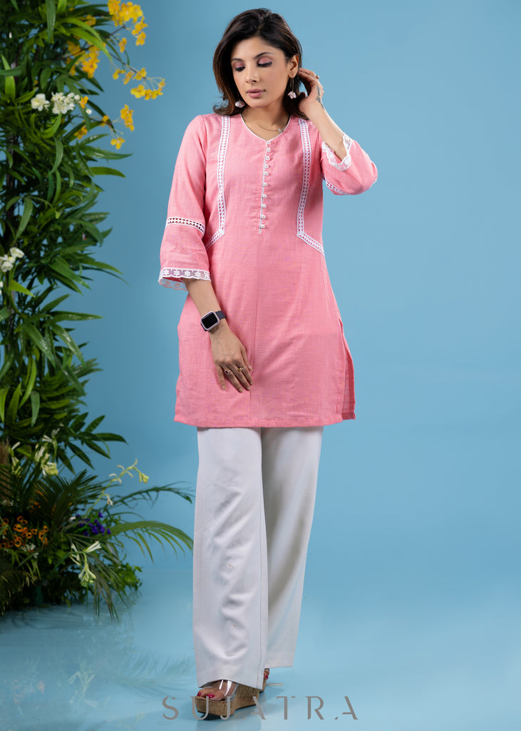 Fresh Baby pink cotton tunic highlighted with elegant laces