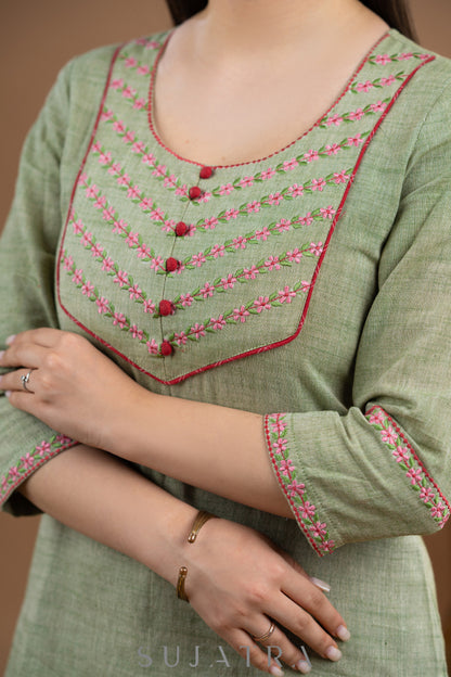 Elegant Rustic Green Pure Cotton Embroidered Top