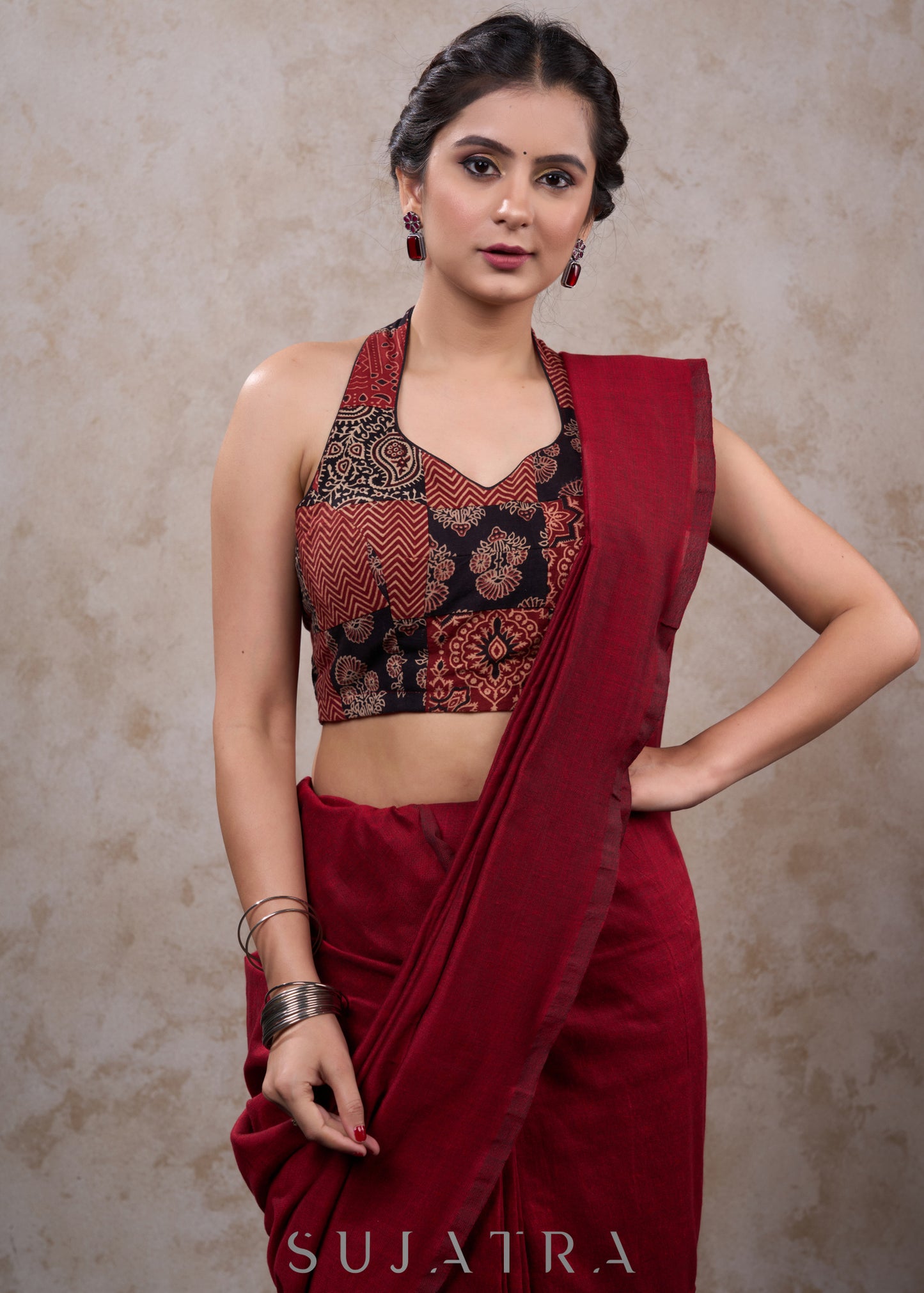 Exclusive black ajrakh patchwork halter neck blouse