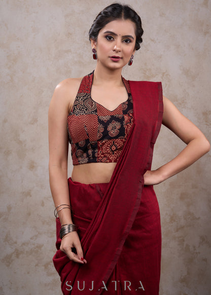 Exclusive black ajrakh patchwork halter neck blouse