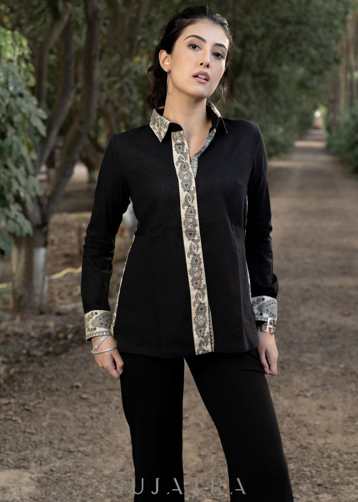 Elegant Black Cotton Shirt Highlightedwith Madhubani Patchwork Combination