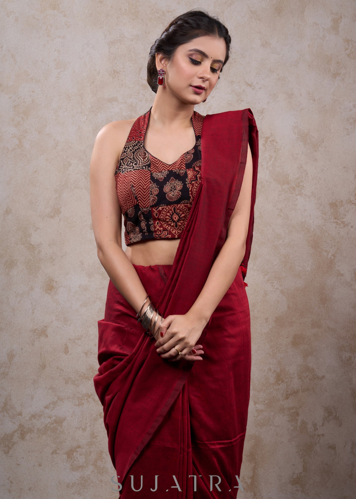 Exclusive black ajrakh patchwork halter neck blouse