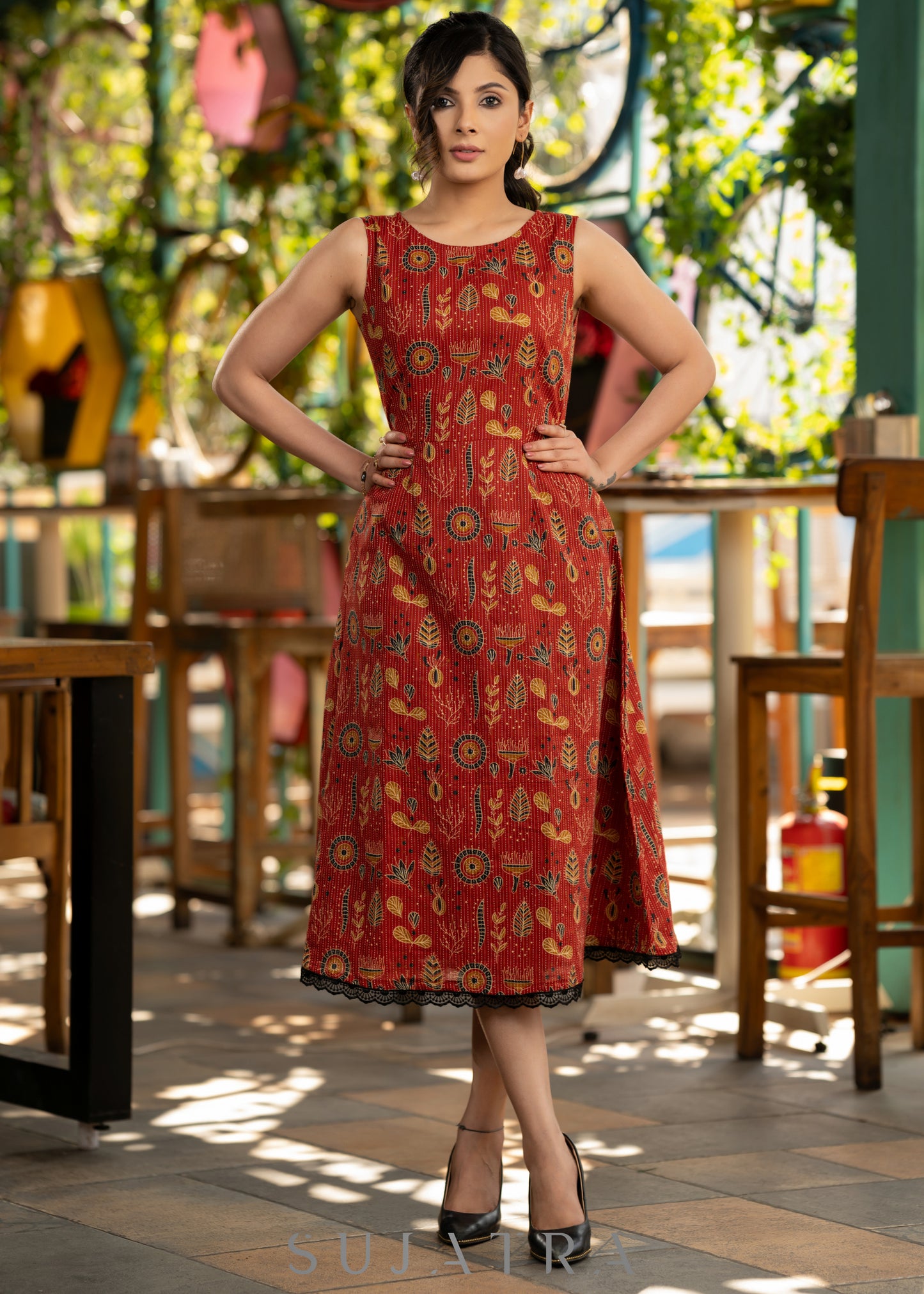 Stylish red cotton kantha printed dress - Hakoba shrug optional