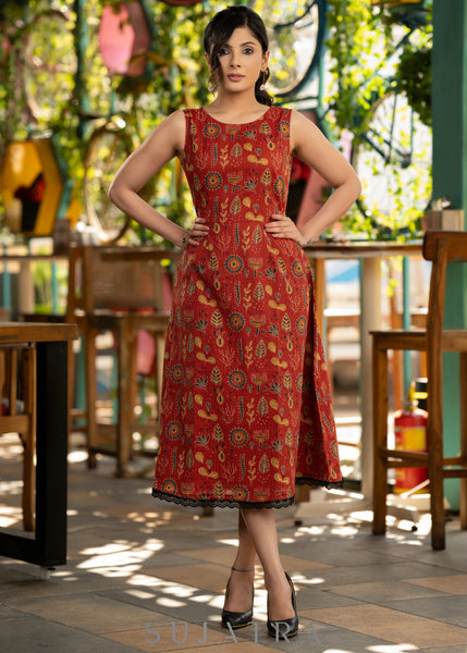 Stylish red cotton kantha printed dress - Hakoba shrug optional