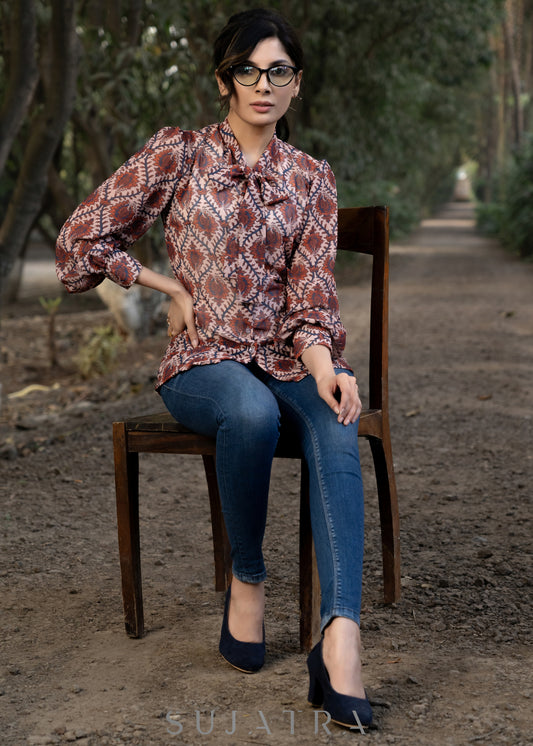 Classy Georgette Baroque Print Shirt with Bow Tie Neck Pattern