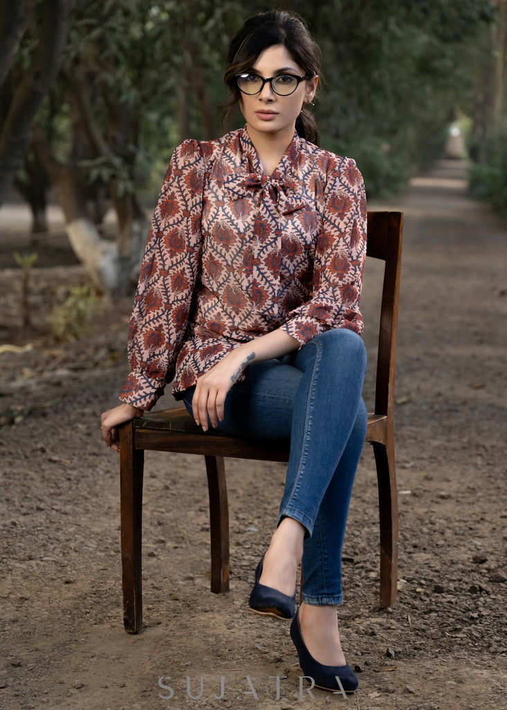Classy Georgette Boroque Print Shirtwith Bow Tie Neck Pattern