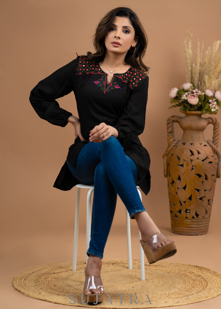 Dussehra Sale — Embroidered Black Rayon top