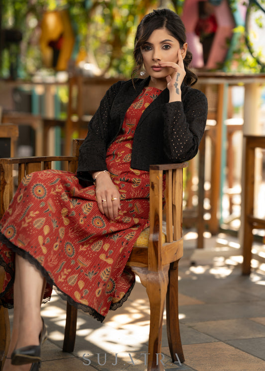 Stylish red cotton kantha printed dress - Hakoba shrug optional
