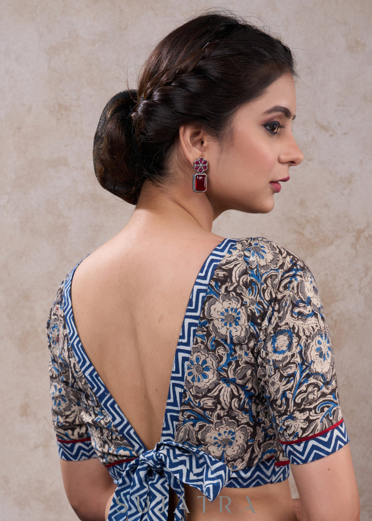 Elegant kalamkari blouse with indigo highlights