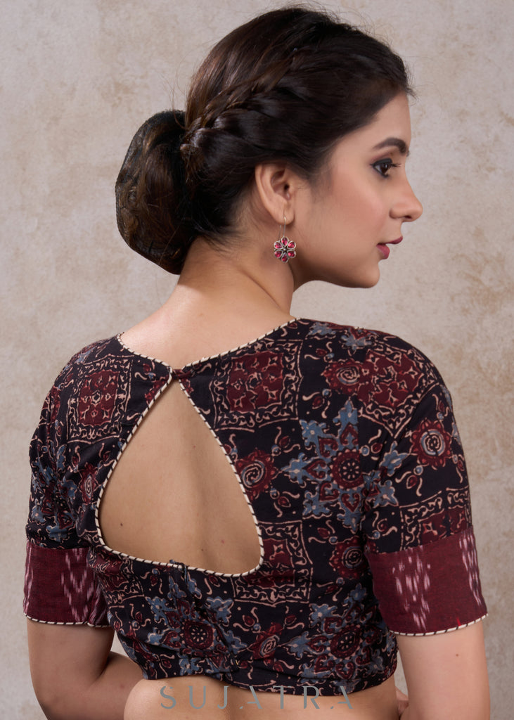Stylish black cotton ajrakh blouse with ikat combination