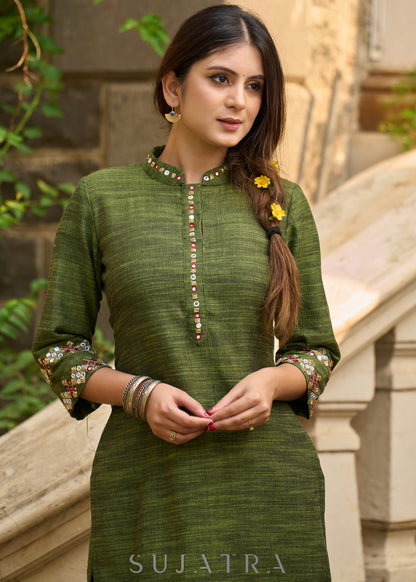 Sophisticated hand-embroidered olive green cotton kurta - Pants Optional