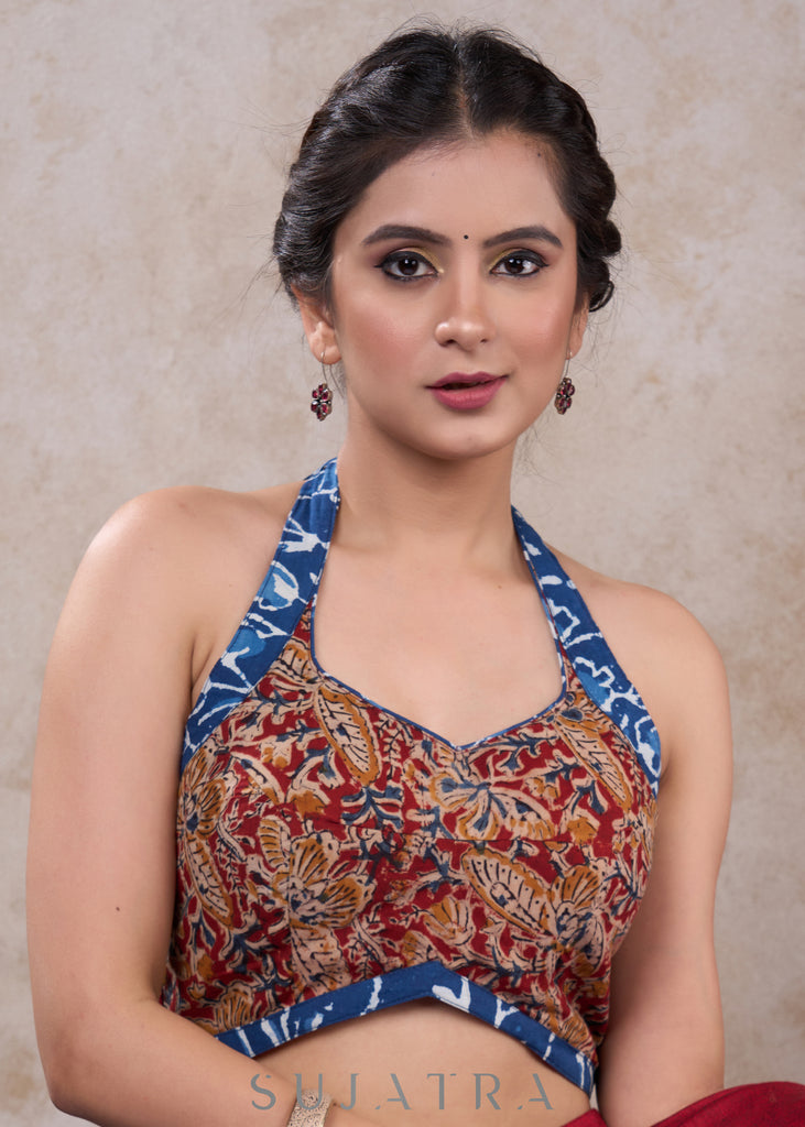 Trendy maroon cotton kalamkari blouse with indigo combination