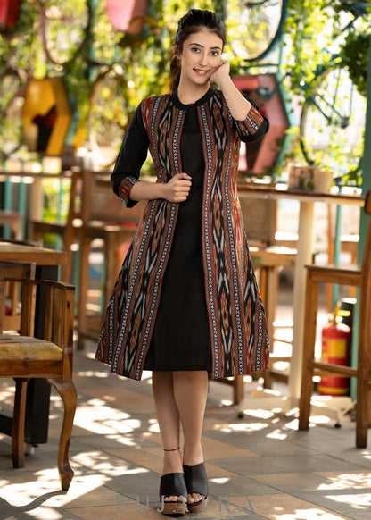 Classy black cotton dress - Ikat long Shrug optional