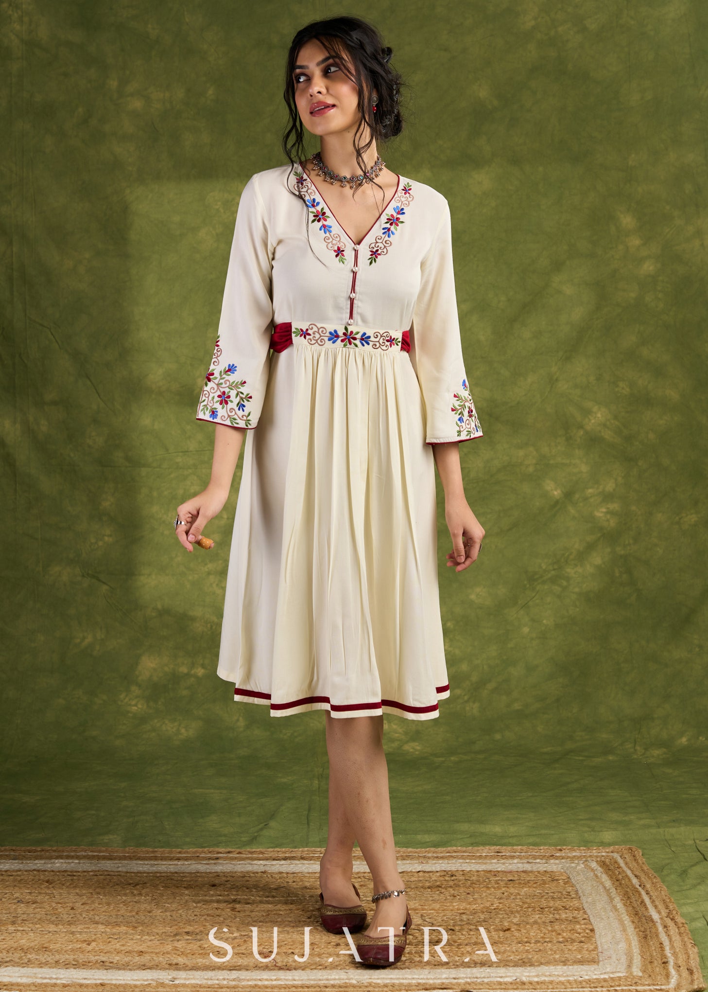 Ivory Embroidered Rayon Dress, Graceful Ivory Dress Adorned With Colou Sujatra Ivory Embroidered Rayon Dress, Graceful Ivory Dress Adorned With Colou Sujatra