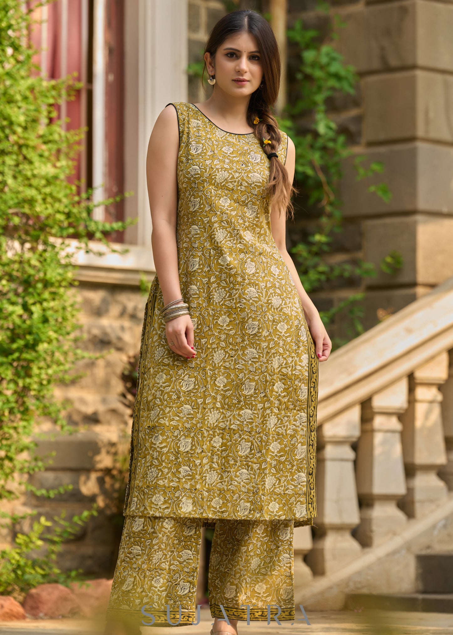 Stylish mustard Ajrakh block printed cotton kurta  (Sleeves Provided)