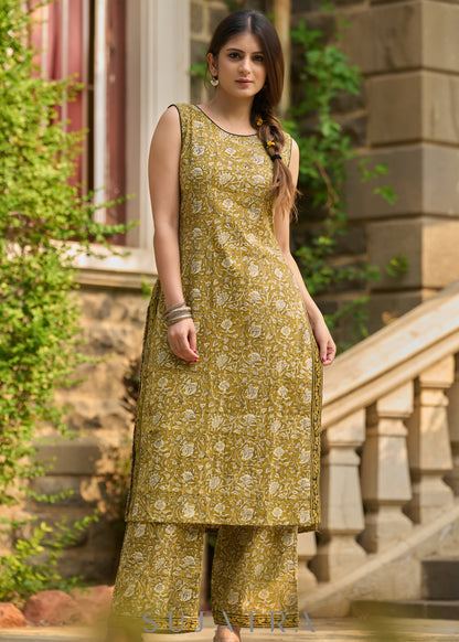 Stylish mustard Ajrakh block printed cotton kurta  (Sleeves Provided)