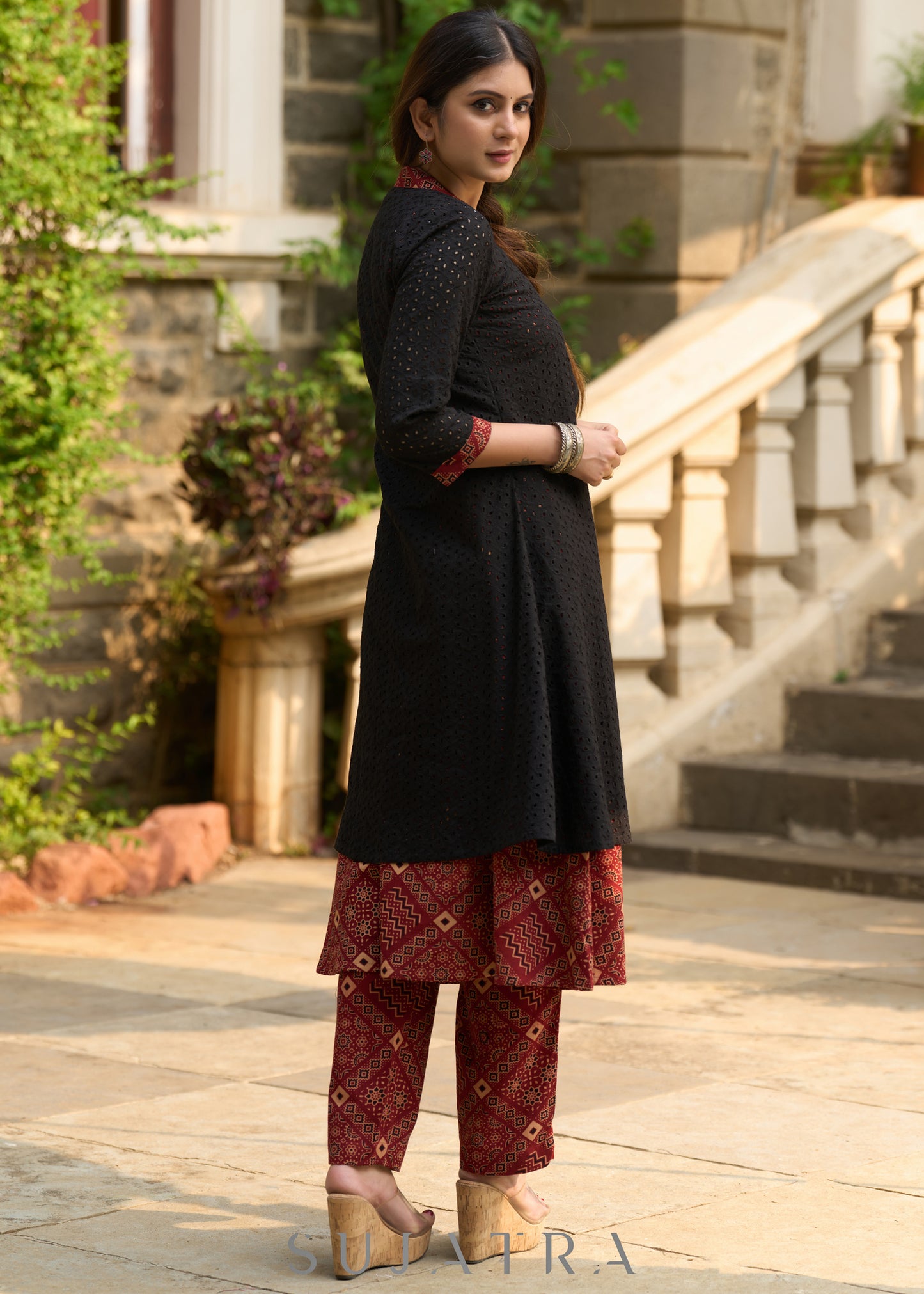 Elegant black hakoba & ajrakh jacket-style kurta - Ajrakh pants Optional
