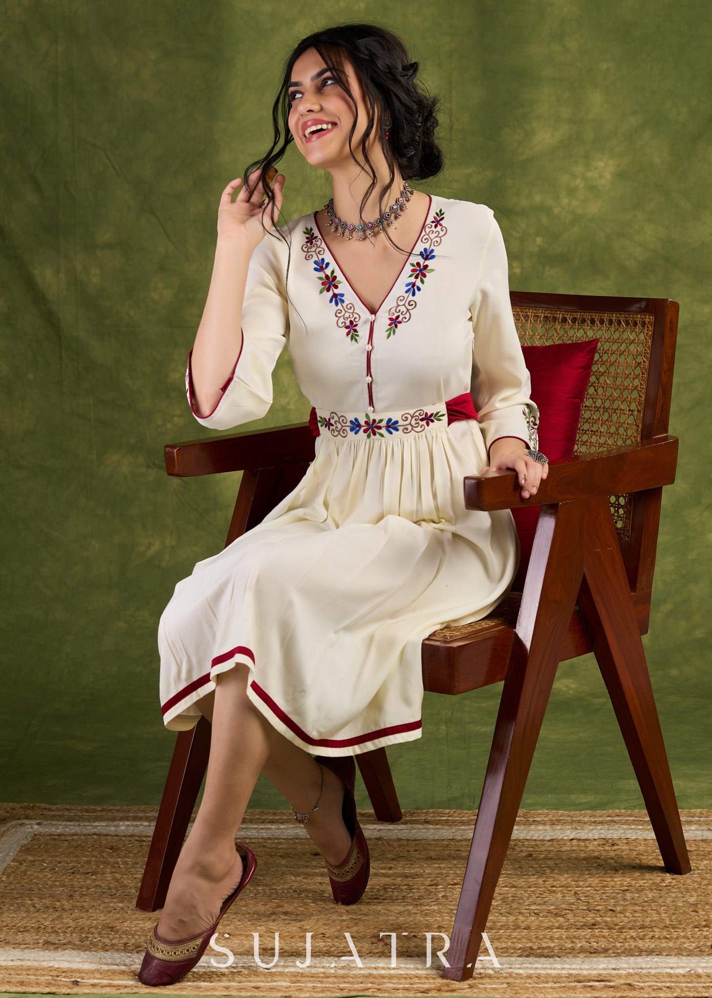 embroidered rayon dress Rayon Embroidered Tiered Calf Length Dress Rangita