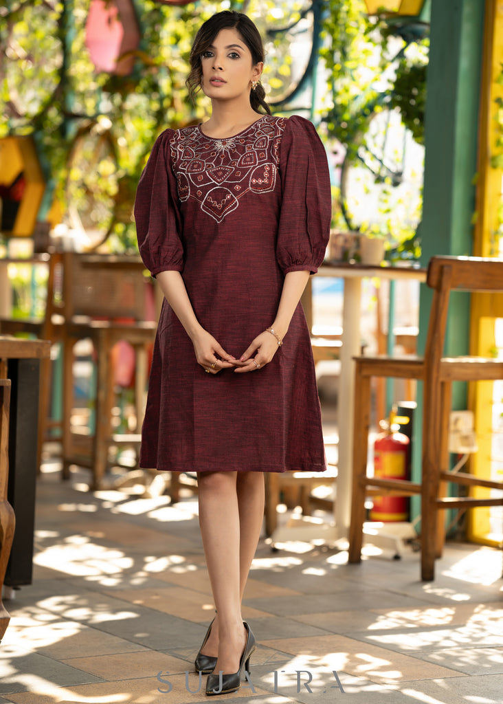 Exclusive wine cotton dress with beautiful embroidery on the yoke