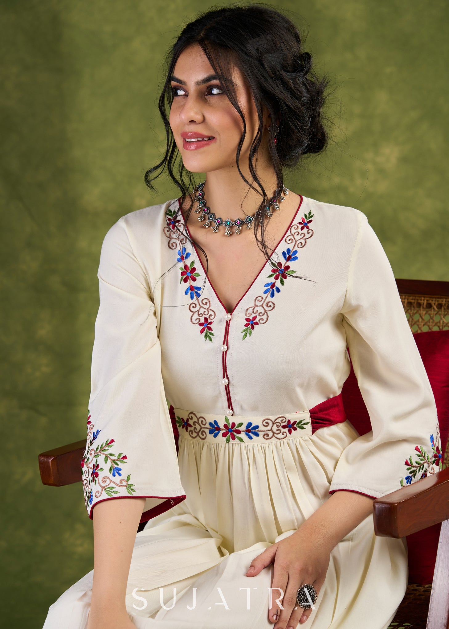 Ivory Embroidered Rayon Dress, Graceful Ivory Dress Adorned With Colou Sujatra Ivory Embroidered Rayon Dress, Graceful Ivory Dress Adorned With Colou Sujatra