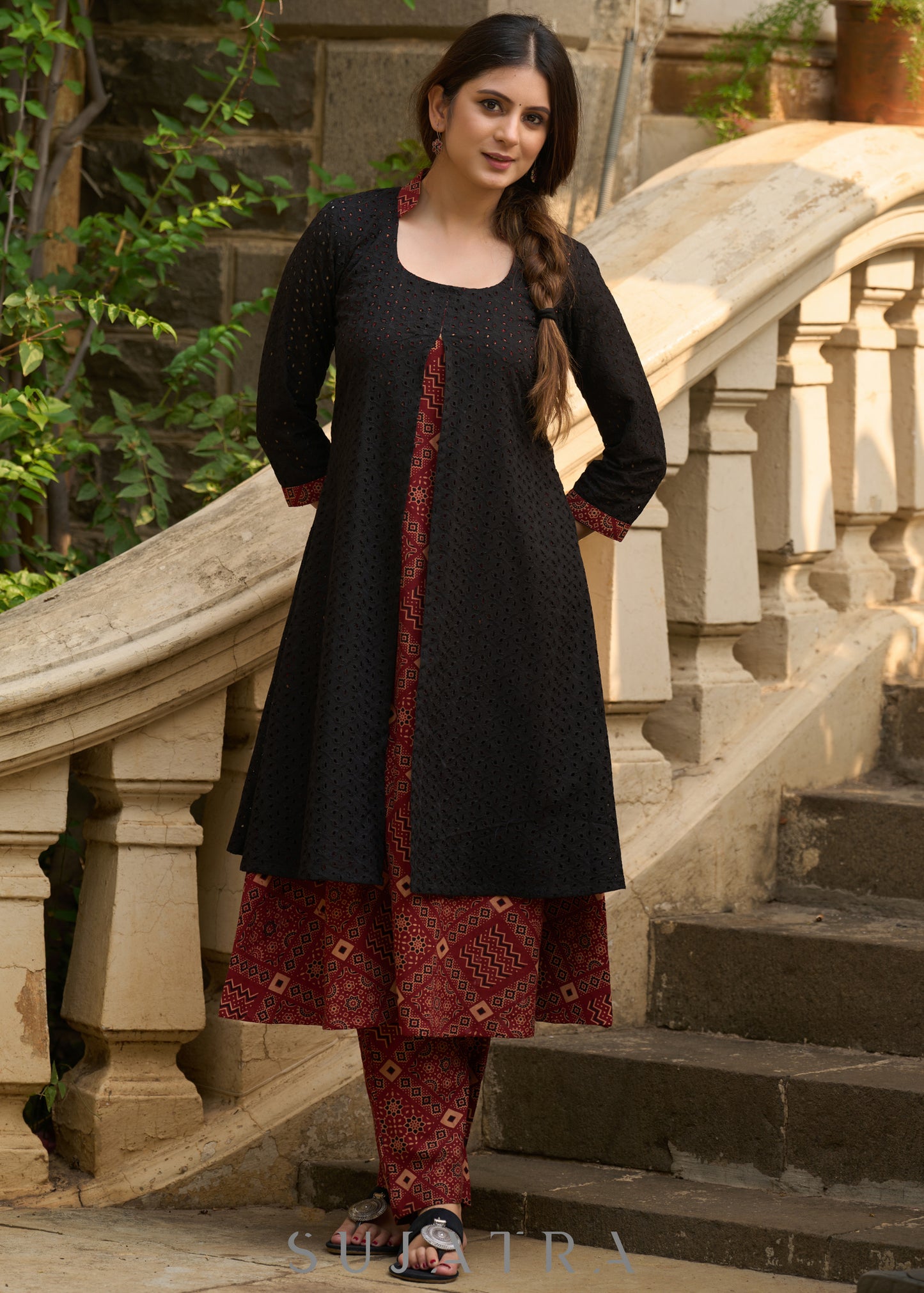 Elegant black hakoba & ajrakh jacket-style kurta - Ajrakh pants Optional