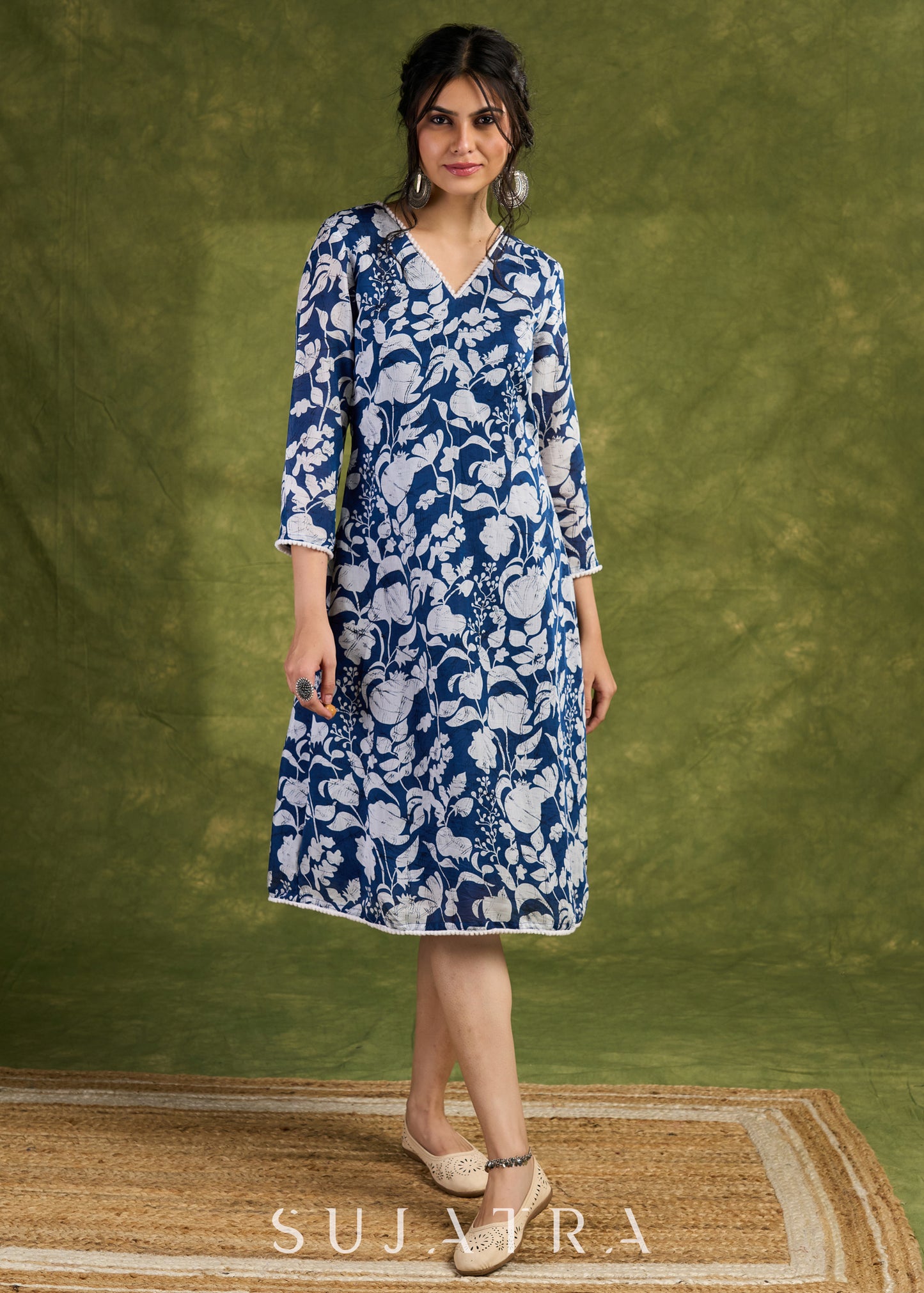 Blue Floral Summer Rayon Dress. Vibrant Blooms On A Soft Blue Canvas