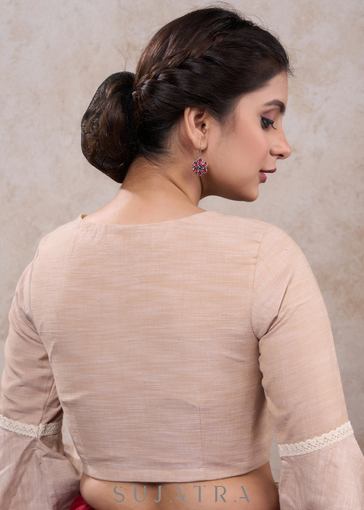 Exclusive beige cotton bell sleeves blouse highlighted with crochet laces