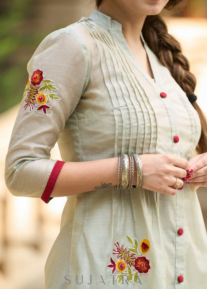 Hand-Embroidered fern chanderi kurta - Pants Optional