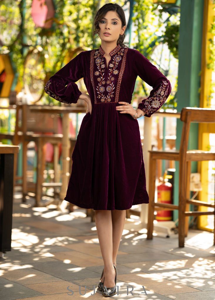 Classy wine velvet dress with beautiful floral embroidered yoke