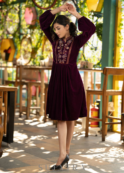 Classy wine velvet dress with beautiful floral embroidered yoke