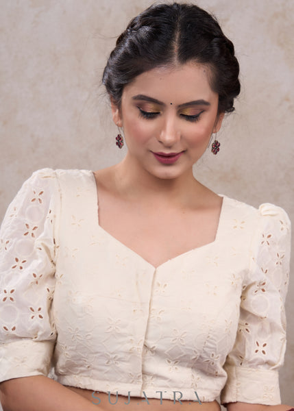 Elegant off white cotton hakoba puff sleeves blouse