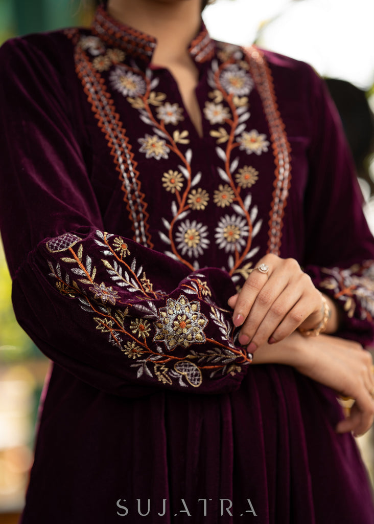 Classy wine velvet dress with beautiful floral embroidered yoke