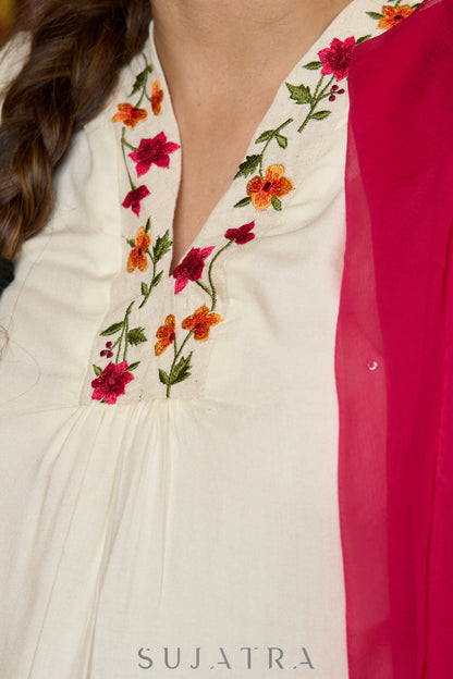 Elegantly crafted off-white rayon kurta with intricate embroidery