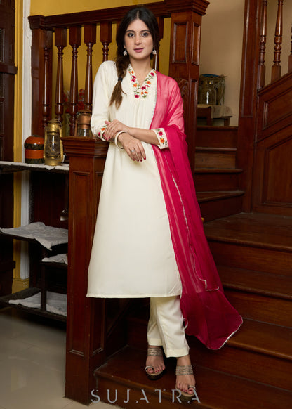 Elegantly crafted off-white rayon kurta with intricate embroidery