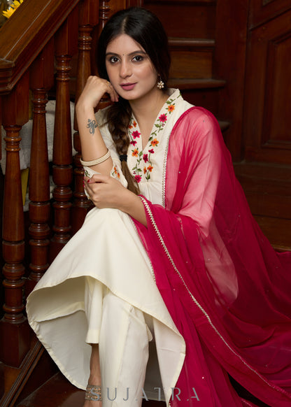 Elegantly crafted off-white rayon kurta with intricate embroidery