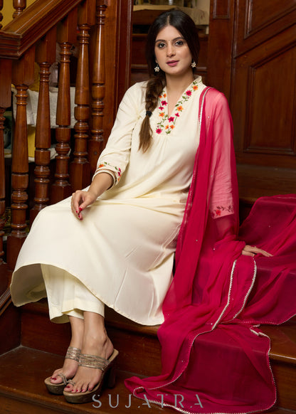 Elegantly crafted off-white rayon kurta with intricate embroidery