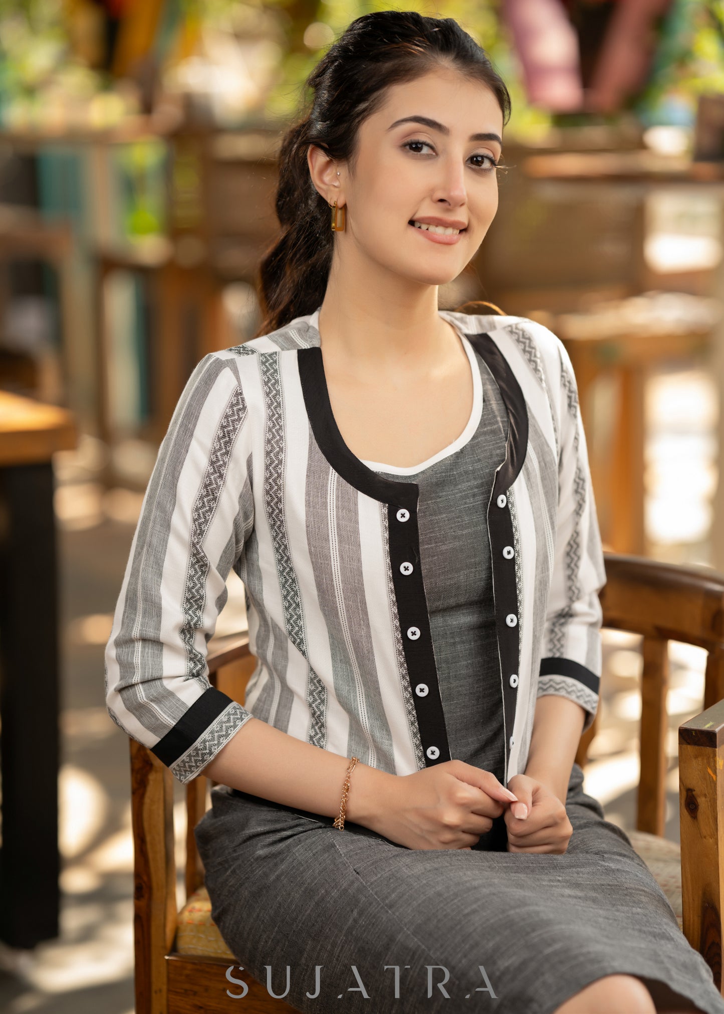 Elegant grey dress - Striped ikat jacket optional