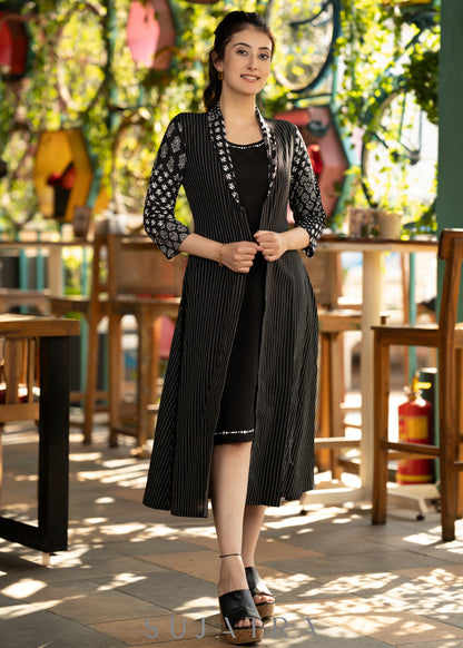 Trendy Black dress with handpainted details - Striped jacket optional