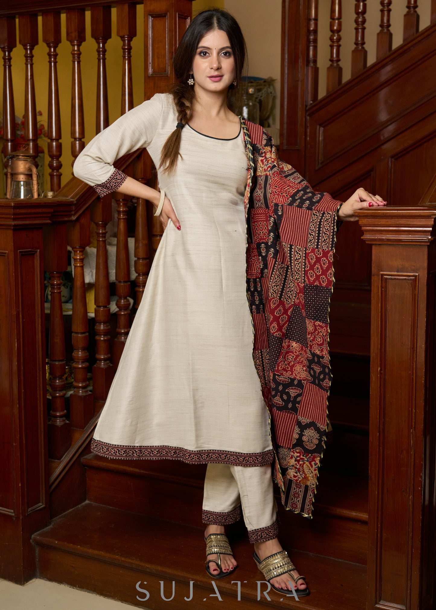 Off-white handloom kurta with contrast ajrakh highlights, paired with complementing pants - Patch work stole Optional