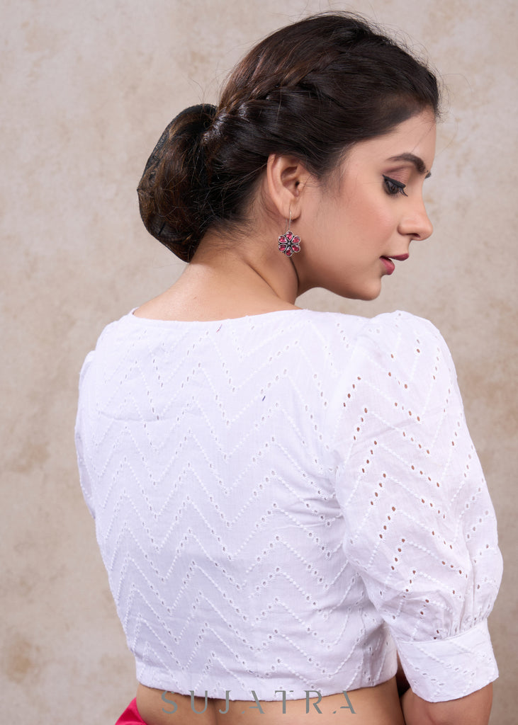 Elegant white cotton hakoba puff sleeves blouse