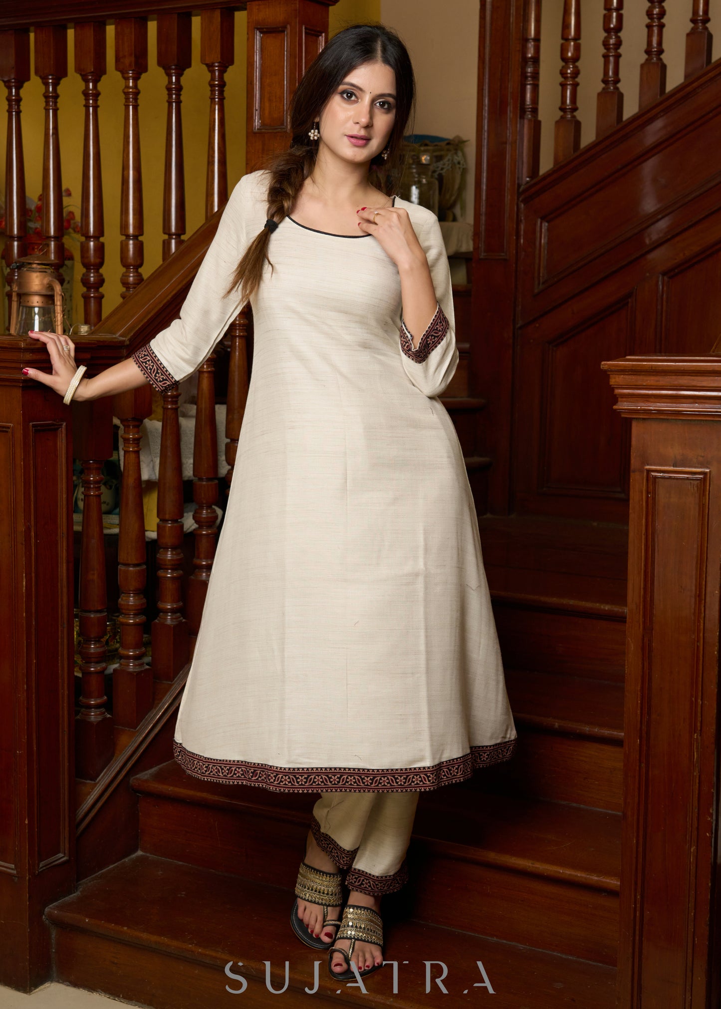 Off-white handloom kurta with contrast ajrakh highlights, paired with complementing pants - Patch work stole Optional