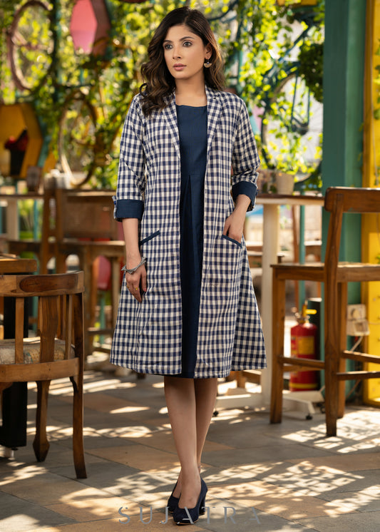 Stylish navyblue cotton Dress - Chequered long shrug optional