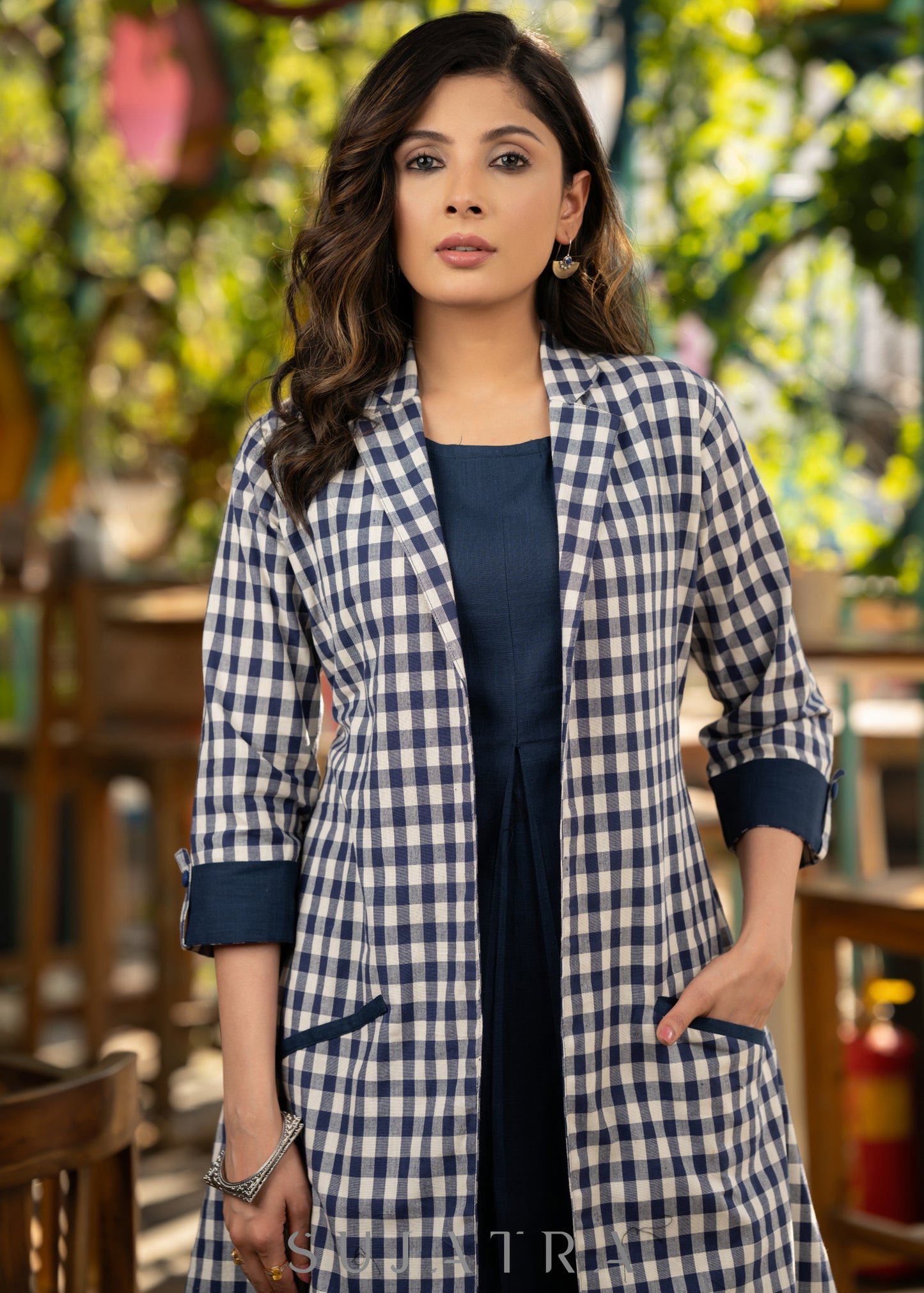 Stylish navyblue cotton Dress - Chequered long shrug optional