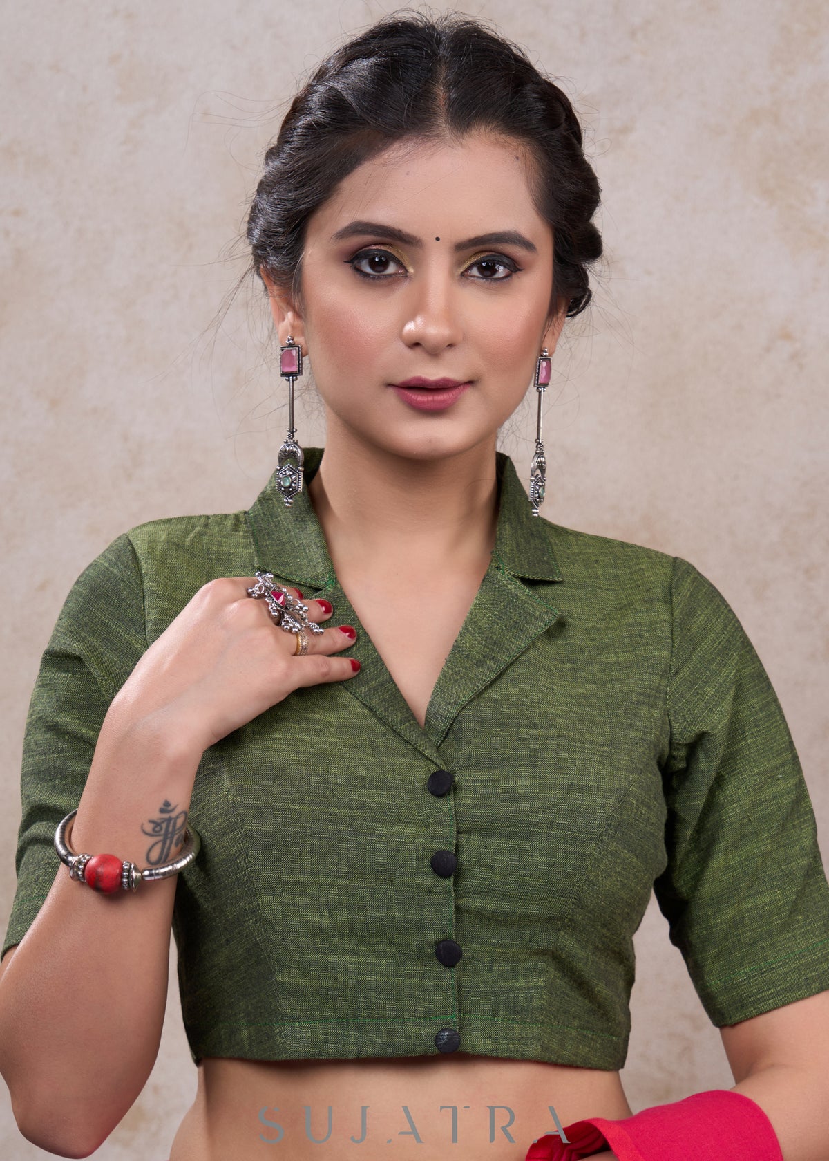 Dussehra Sale — Elegant moss green cotton collared blouse