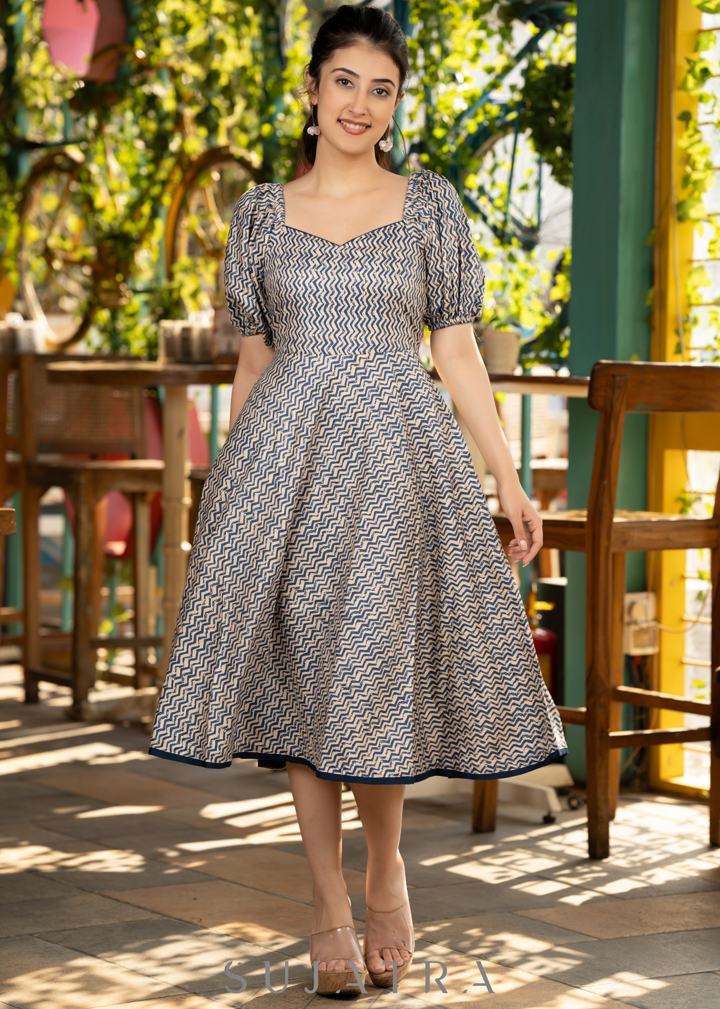 Stylish navy blue striped rayon flared dress paired with matching stole