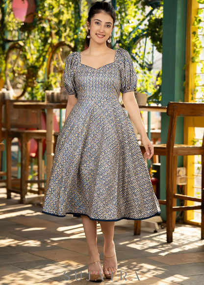 Stylish navy blue striped rayon flared dress paired with matching stole
